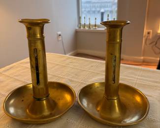 Pair of Brass Pushup Candlestick Holders (Missing "Slides"). 