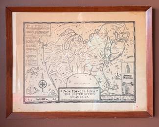 New Yorker's Idea of The United States of America Framed Map. Measures 21" x 16" Overall. 