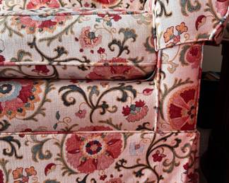 Brunschwig & Fils Dzhambul In Raspberry & Orange Colorway Upholstered Sofa with Down-Filled Cushions. Measures 82" W x 36" D. Photo 4 of 4. 