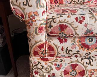 Brunschwig & Fils Dzhambul In Raspberry & Orange Colorway Upholstered Loveseat with Down-Filled Cushions. Measures 58" W x 36" D. Photo 2 of 2.