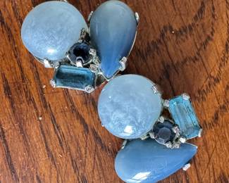 Blue Moonstone Lucite / Glass Cabochon & Rhinestone Earrings. Replica (Italy) Clip on Earrings. Photo 1 of 2. 
