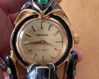 Joseph Mazer Black Enamel & Green Glass Cabochon Panther Watch. Photo 3 of 3. 