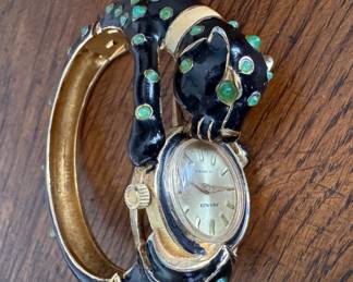 Joseph Mazer Black Enamel & Green Glass Cabochon Panther Watch. Photo 1 of 3. 