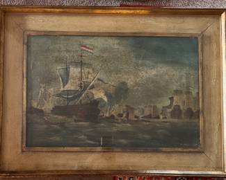 Marine Battle Oil on Linen. Signed By Artist. Measures 24" W x 16" H; 31" x 23" Overall. Photo 1 of 2. 