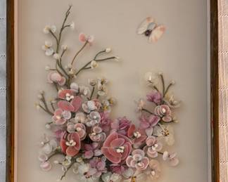 Framed Shell Art Floral Bouquet. Measures 14" W x 2.4" D x 19". 