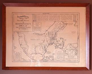 Bostonian's Idea of The United States of America Framed Map. Measures 21" x 16" Overall. 