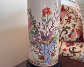 Floral Motif Porcelain Table Lamp. Measures 26" H to Finial. Photo 2 of 2. 