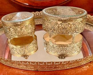 Brass and mirror vanity set.