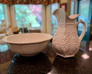 Picture added 06-June. White ceramic water pitcher and wash bowl.