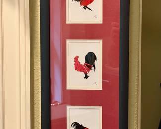 Triple watercolor roosters by local Atlanta artist Alex Fong.