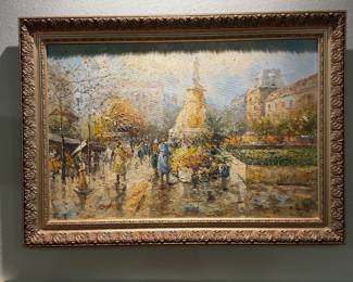 Parisian street scene oil painting by R. John, inspired by Antonie Blanchard's "LaPlace de la Republique".