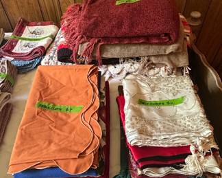 Assorted Table Linens and Knit Blanket