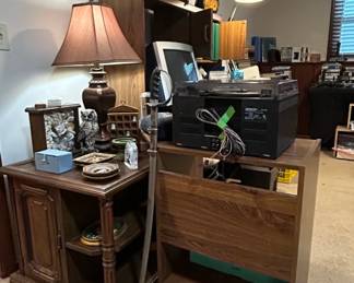 Vintage Wooden Sideboard with Decorative Elements and Lamp