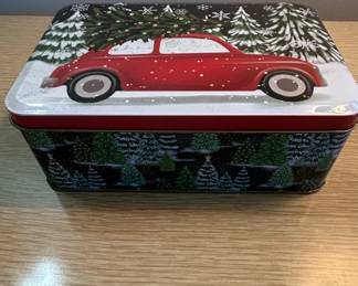 Christmas Tin with Red Vintage Car and Tree Design