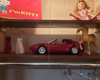 Vintage Red Ferrari GTS Model Car and Vintage Hello Kitty Im KITTY Luggage