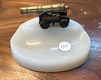 Vintage Cast Iron and Brass Cannon Ashtray with Milky Glass Dish