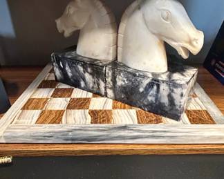 Vintage Italian Marble Horse Head Bookends with Chess Board