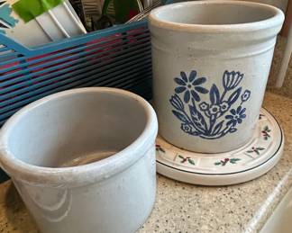 Vintage Stoneware Crock with Blue Floral Decoration and Matching Holly Dish