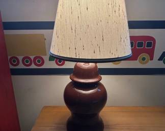 MidCentury Brown Ceramic Ginger Jar Table Lamp with Striped Fabric Shade