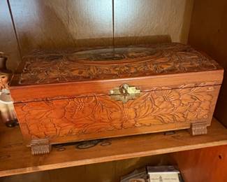 Vintage Carved Camphor Wood Jewelry Box with Mirror and Scenic Inlay