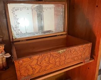 Vintage Carved Camphor Wood Jewelry Box with Mirror and Scenic Inlay second image
