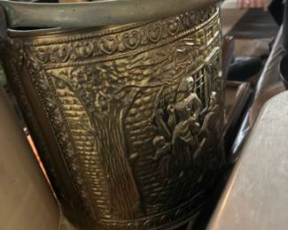 Antique Embossed Brass Coal Scuttle with Tavern Scene