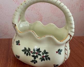 Vintage "Formalities" by Baum Bros. Holly Berry Ceramic Basket with Gold Trim