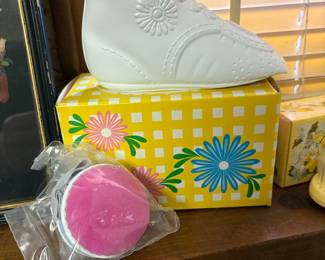 Vintage AVON White Baby Bootie Lotion Dispenser with Gingham Box and Puff