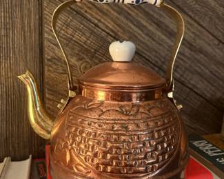 Antique Copper Kettle with Delft-Style Ceramic Handle