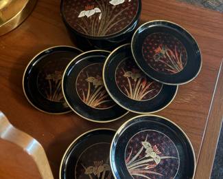 Vintage Otagiri Japan Lacquerware Coaster Set with Box - Iris Motif