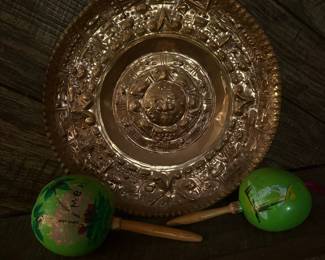 Vintage Mexican Copper Aztec Calendar Plate and Maracas Set