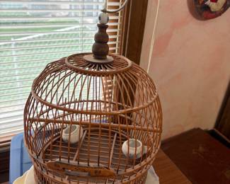 Vintage Chinese Bamboo Bird Cage with Ceramic Feeders