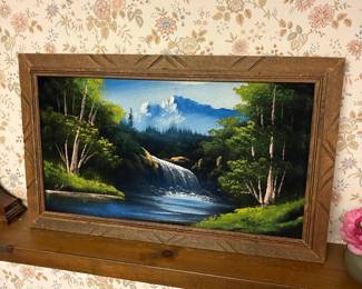 Vintage Black Velvet Landscape Oil Painting with Wooden Frame