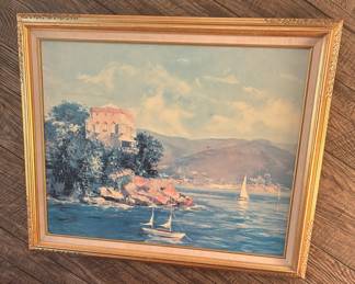 Seascape Painting with Villa and Sailboats by Saroelli