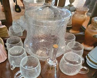Crackle glass punchbowl set with cups