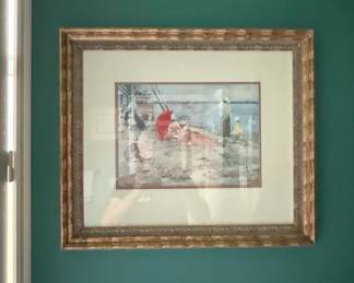 Watercolor Painting of Beach Scene with Red Umbrella