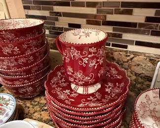 Temptations Floral Lace Cranberry Ceramic Dinnerware Set
