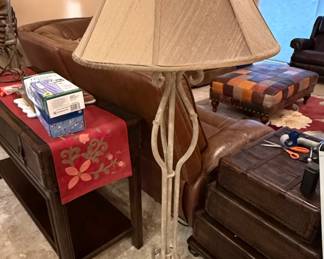 Vintage Wrought Iron Floor Lamp with Scrolled Base and Fabric Shade