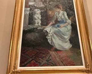 Victorian Lady with Dog Oil Painting by N. Siebel