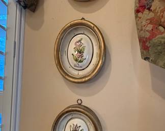 Set of Three Oval Ceramic Floral Plaques in Gilded Frames