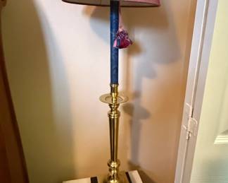 Brass Candlestick Table Lamp with Pink Silk Shade and Blue Candle Element