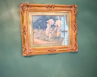 Victorianstyle painting of women in a garden signed K. Elm