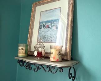 Distressed Gray Scrollwork Shelf with Faith and Love Candles and Beach Scene Print