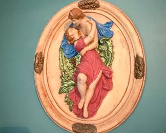 Vintage Chalkware Bisque Romantic Couple Oval Wall Plaque