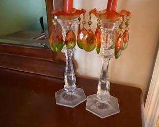 Crystal Taper Candle Holders with Dangle Prisms