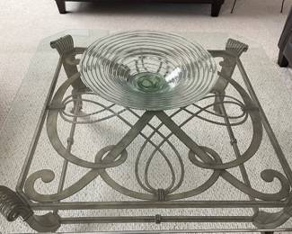 HEAVY GLASS AND SWIRL DESIGN METAL COFFEE TABLE