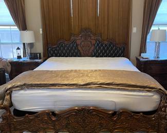 KING  SIZE BED CARVED WOOD AND TUFTED LEATHER HEADBOARD/ CARVED WOOD FOOTBOARD 