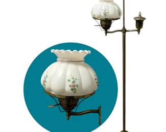Brass Floor Lamp with Handpainted Milk Glass Shade