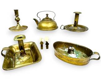 Brass Candleholders, Kettle, And More