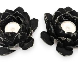 Pair of Black Glazed Ceramic Lotus Candle Holders